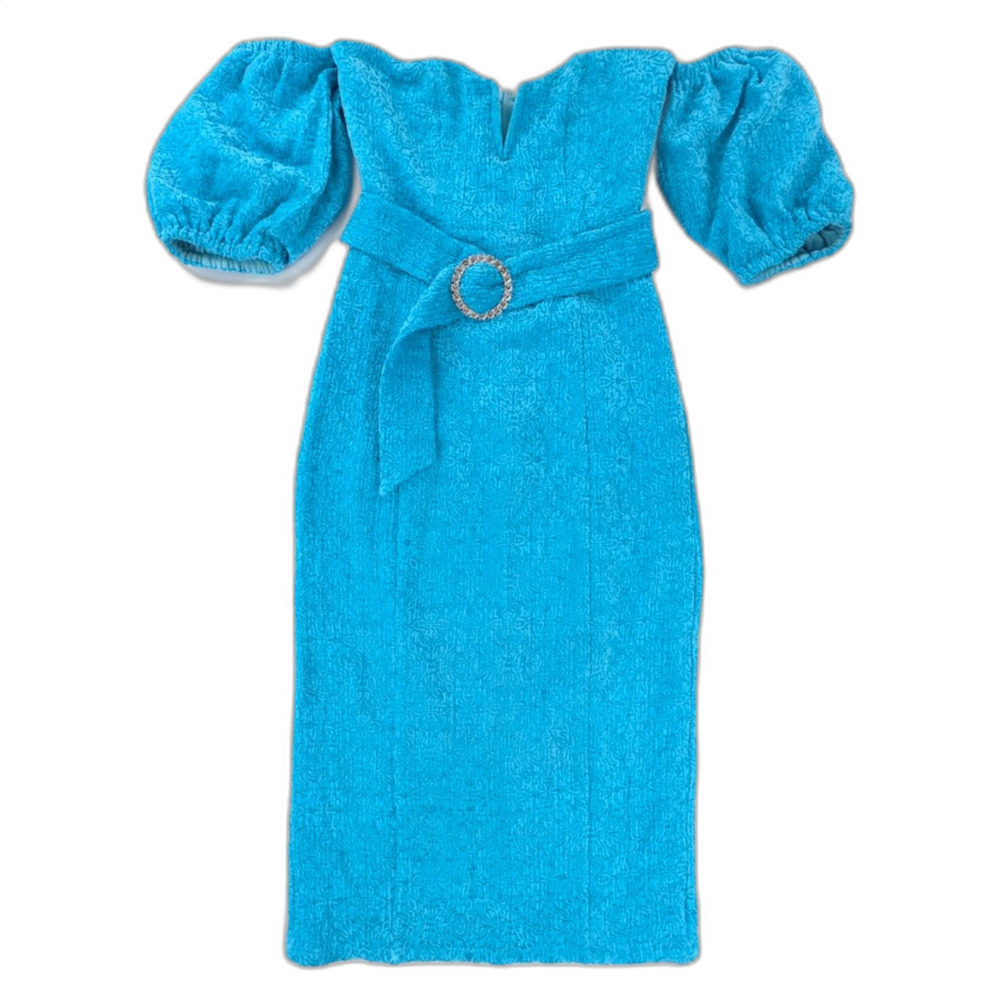 MAJORELLE Penelope Midi Dress Tahitian Blue Off Shoulder Puff Sleeve Coquette